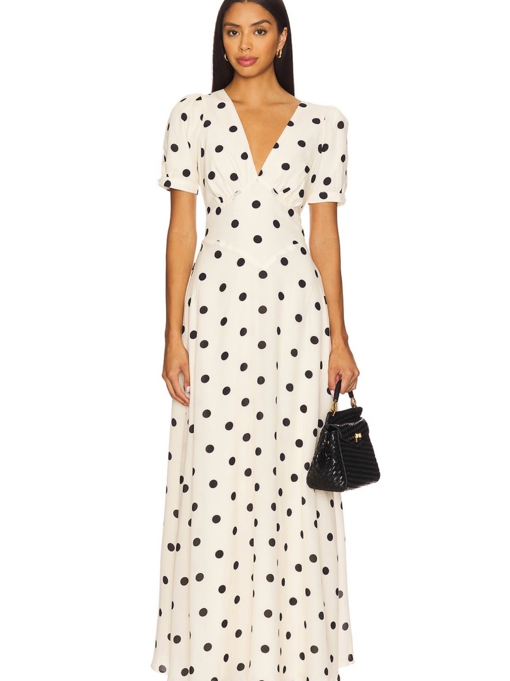 Cream Polka Dot Maxi Dress with V-Neckline
